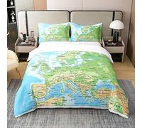 Set di biancheria da letto king size, 100% cotone le, con mappa del mondo, motivo oceano, blu oceano, per bambini, ragazzi e ragazze, con mappa di vari paesi, copripiumino con motivo astratto e