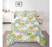 Set di biancheria da letto king size con motivo arcobaleno e cartoni animati, 3 pezzi, con nuvole, cuori, stelle, decorativo, per ragazzi, ragazze, adolescenti, con strisce colorate bohémien, graffti