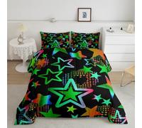 Set di biancheria da letto king size con stelle sfumate fluo, 3 pezzi, verde e arancione, stile hippie, per bambini, adolescenti, adulti, con cuori colorati arcobaleno, street art, trapuntato, con 2