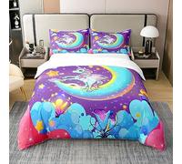 Set di biancheria da letto king size con unicorno, per bambini, motivo con cavallo sognante, farfalla, luna, stella, arcobaleno, floreale, 100% cotone, colore viola, decorazione per la camera