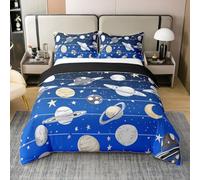 Set di biancheria da letto king size in 100% cotone, 3 pezzi, motivo pianeti disegnati a mano, per bambini, ragazzi, ragazze, adolescenti, stelle, blu, nero, sfumato, con copripiumino e 2 federe