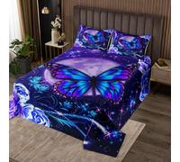 Set di biancheria da letto king size, motivo galassia, viola e blu, con farfalle 3D, con glitter e luna stellata, leggero, motivo acquerello con fiori e foglie (1 trapunta + 2 federe)