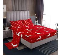 Set di biancheria da letto Loussiesd con renne di Natale, simpatiche lenzuola per ragazze e ragazzi, set di biancheria da letto a tema renna per Natale, lenzuola rosse e bianche, 4 pezzi, misura King