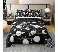 Set di biancheria da letto matrimoniale, 100% cotone, motivo pianeti in stile cartone animato, 3 pezzi, decorazione per bambini, adolescenti, adulti, disegnato a mano, pianeta, sognante, copripiumino
