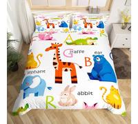 Set di biancheria da letto matrimoniale con animali dei cartoni animati, per bambini, ragazze, ragazzi, giraffa, elefante, orso, coniglio, decorazione per camera da letto, con lettere dell'alfabeto e