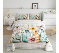 Set di biancheria da letto matrimoniale con motivo floreale primaverile, stile casale, a righe, in legno, 3 pezzi, per ragazze, con piumino, motivo floreale, foglie botaniche, 2 federe