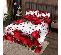 Set di biancheria da letto matrimoniale con rose rosse e petali di rosa, con bouquet floreale botanico trapuntato e fiori romantici trapuntati, per San Valentino, coppia di innamorati.
