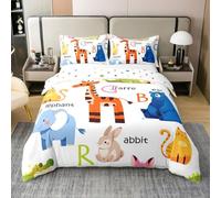 Set di biancheria da letto matrimoniale in 100% cotone, con motivo animali dei cartoni animati, giraffa, elefante, orso, coniglio, 3 pezzi, per camera dei bambini, ragazze e ragazzi, con lettere
