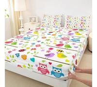 Set di biancheria da letto matrimoniale, motivo con uccellini e animali, con lenzuolo con angoli, senza lenzuolo superiore, motivo gufo in stile cartone animato, per bambini, adolescenti, adulti