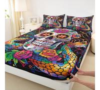 Set di biancheria da letto matrimoniale romantico con scheletro di rose, lenzuolo con angoli, divertente, senza lenzuolo superiore, set di lenzuola a tema Happy Halloween, per bambini, adolescenti