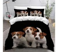 Set di biancheria da letto MEVASA Jack Russell Terrier - Biancheria da letto in microfibra per adolescenti nera con cucciolo 3D per letto singolo - Set da 3 pezzi antiallergico con copripiumino e zip