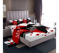 Set di biancheria da letto Mr Mrs con citazioni divertenti e creative, per uomini e donne, coppia romantica, lenzuolo con angoli, nero, rosso, con cuore, per letto matrimoniale, 4 pezzi