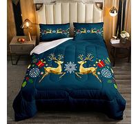 Set di biancheria da letto natalizio per ragazze, bambini, dorati, cervi natalizi, blu, verde, agrifoglio, bacche rosse, fiocchi di neve, Trapunta, per letto 230x220cm, motivo: Happy New Year