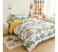 Set di biancheria da letto per bambini, a motivo auto, per bambini, per camera da letto, con motivo a fumetti, camion e costruzioni. Set copripiumino (1 copripiumino + 2 federe)