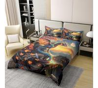 Set di biancheria da letto per bambini con drago occidentale in 100% cotone, per letto singolo, motivo foglie d'acero, montagna, tramonto, autunno, per ragazze e ragazzi, pino e piante rustiche, 1