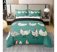 Set di biancheria da letto per bambini e bambine, con motivo gallina in stile retrò, super king size, 100% cotone, motivo con simpatici dipinti di animali della fattoria, colore: verde scuro, beige