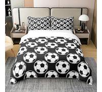 Set di biancheria da letto per bambini e ragazzi, 100% cotone, con copripiumino e 2 federe per letto matrimoniale, motivo: calciatori, mondiali di calcio, colore: bianco e nero