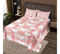 Set di biancheria da letto per bambini e ragazzi, con motivo a cuori, con nuvole, in stile shabby chic, con motivo a quadri, bianco, arancione, rosa, decorativo, per letto matrimoniale, colore: rosa
