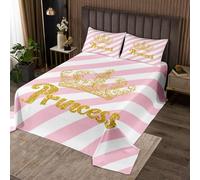 Set di biancheria da letto per bambini e ragazzi, stile principessa, con corona dorata, fiori e foglie, moderno a righe, bianco, rosa, oro, set di biancheria da letto decorativo, per letto
