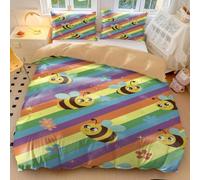 Set di biancheria da letto per bambini, motivo: ape e arcobaleno, a righe, per camera dei bambini, decorativo, in morbida microfibra, stile 1, singolo 135 x 200 cm + 65 x 65 cm x 2 cm
