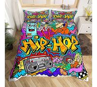 Set di biancheria da letto per bambini, motivo graffiti, stile hip hop, radio, rock, per ragazzi e adolescenti, colorato, decorativo, 2 pezzi, copripiumino singolo (1 copripiumino + 1 federa),