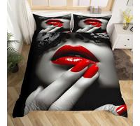Set di biancheria da letto per bambini, ragazze e ragazzi, stile moderno e romantico, decorazione per camera da letto, con stampa 3D con rossetto, senza piumino, nero chiaro e rosso