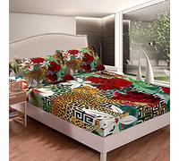 Set di biancheria da letto per bambini, ragazzi e ragazze, motivo leopardato con animali selvatici, ghepardo e rosa 3D, con foglie tropicali e fiori, con 2 federe, 3 pezzi, per letto matrimoniale