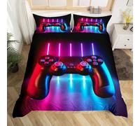 Set di biancheria da letto per console per videogiochi, set copripiumino per bambini, ragazzi, adolescenti, sfumato, neon e controller, 3 pezzi, super king, cerniera