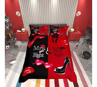 Set di biancheria da letto per coppie Mr Mrs, romantico, per matrimonio, con copripiumino nero e rosso, citazione divertente creativa, copripiumino sexy con labbra rosse e baffi, copriletto romantico