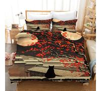 Set di Biancheria da Letto per Gatti con Chiusura a Cerniera - Copripiumino 240X220 Reversibile con Stampa di Fiori Rossi e Gattino Nero per Donna e Uomo - Set Copripiumino 240X220 Invernale in Morbi