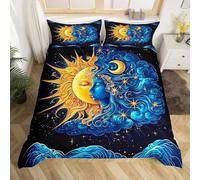 Set di biancheria da letto per lettino con sole e luna, 2 pezzi, esotico misterioso bohémien, sole e luna, per bambini, adolescenti, adulti, motivo onde blu, 1 federa, senza piumino