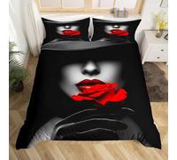 Set di biancheria da letto per lettino per bambini, ragazze e ragazzi, con bocca, rossetto, decorazione per camera da letto, fiori di rosa, per San Valentino, (senza piumino), nero e rosso