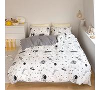 Set di biancheria da letto per letto king size, motivo: spazio, pianeta, razzo e astronauta, in bianco e nero (1 copripiumino e 2 federe)