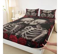 Set di biancheria da letto per letto matrimoniale, motivo scheletro e Halloween, romantico, con lenzuolo con angoli, senza lenzuolo superiore, con teschio gotico, per bambini, adolescenti, adulti