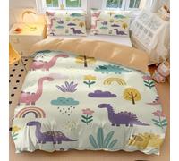 Set di biancheria da letto per letto singolo, con copripiumino e motivo dinosauro in stile cartone animato, castello e treno, in morbida microfibra, perfetto per la camera di bambini e ragazzi (stile