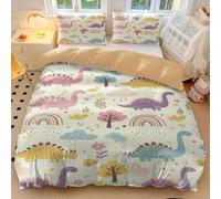 Set di biancheria da letto per letto singolo, con copripiumino e motivo dinosauro in stile cartone animato, castello e treno, in morbida microfibra, perfetto per la camera di bambini e ragazzi (stile