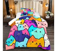 Set di biancheria da letto per letto singolo, con copripiumino per letto singolo, per ragazze, gatti, bambini, con grazioso gatto, colorato, a tema cartone animato, 1 piumino + 1 federa