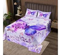 Set di biancheria da letto per letto singolo, con motivo floreale e farfalle, copriletto leggero con fiori da giardino ad acquerello, con rose viola e blu, set di biancheria da letto (1 trapunta + 1