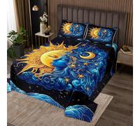 Set di biancheria da letto per letto singolo con sole e luna, 2 pezzi, esotico misterioso bohémien, sole e luna, per bambini, adolescenti, adulti, motivo onde blu, con 1 federa