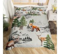 Set di biancheria da letto per letto singolo, motivo animali selvatici, volpi, cervi, alci, avventura, stile retrò, giungla, 2 pezzi (senza piumino), disegnato a mano, 1 federa