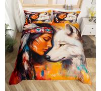 Set di biancheria da letto per letto singolo, motivo: caccia e lupo, per uomini e donne, decorazione per la camera, esotico, etnico azteco, set di biancheria da letto, 1 federa (senza piumino)