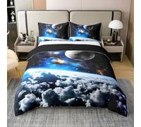 Set di biancheria da letto per letto super king size, 3 pezzi, motivo: paesaggio cosmico, pianeti, nuvole, 100% cotone, per bambini, adolescenti, adulti, con galassia stellata, 2 federe (senza piumino