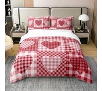 Set di biancheria da letto per letto super king size in 100% cotone, con motivo a cuori vintage, 3 pezzi, motivo patchwork rosso, per bambini, adolescenti, adulti, romantico, rustico, stile country, 2