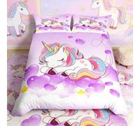 Set di biancheria da letto per ragazze con unicorno, per bambini, letto singolo, set copripiumino con stampa di animali per letto da donna, set di biancheria da letto magico con unicorno e cuore viola