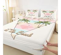 Set di biancheria da letto per ragazze e ragazzi, con lenzuolo con angoli, motivo albero di cocco tropicale, tramonto, oceano, uccellini, decorazione per la camera, con 2 federe, senza parte superiore