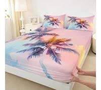 Set di biancheria da letto per ragazze e ragazzi, con lenzuolo con angoli, motivo albero di cocco tropicale, rosa, blu, cielo, decorazione per la camera, con 2 federe, senza parte superiore, king size