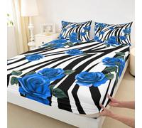 Set di biancheria da letto per ragazze e ragazzi, con lenzuolo con angoli, motivo zebrato bianco e nero, con motivo floreale rustico, decorazione per la camera, con 2 federe, senza parte superiore