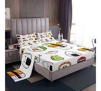 Set di biancheria da letto per ragazze e ragazzi, motivi ispirati al sushi, cartone Kawaii, stile giapponese, misura matrimoniale, lenzuolo piano, lenzuolo con angoli, 2 federe
