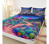 Set di biancheria da letto per ragazze e ragazzi, motivo alieno, fiori, cactus, colorato, hippie, acquerello, decorativo, con 2 federe, senza parte superiore, king size