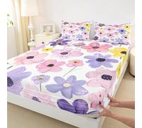 Set di biancheria da letto per ragazze e ragazzi, motivo floreale ad acquerello, con lenzuolo con angoli, decorazione per la stanza, colore viola, bianco, rosa, con 2 federe, senza parte superiore